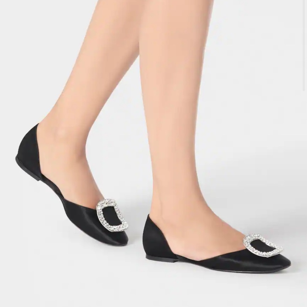 Roger Vivier Chips Strass Buckle Dorsay Ballerina Flats Black Satin